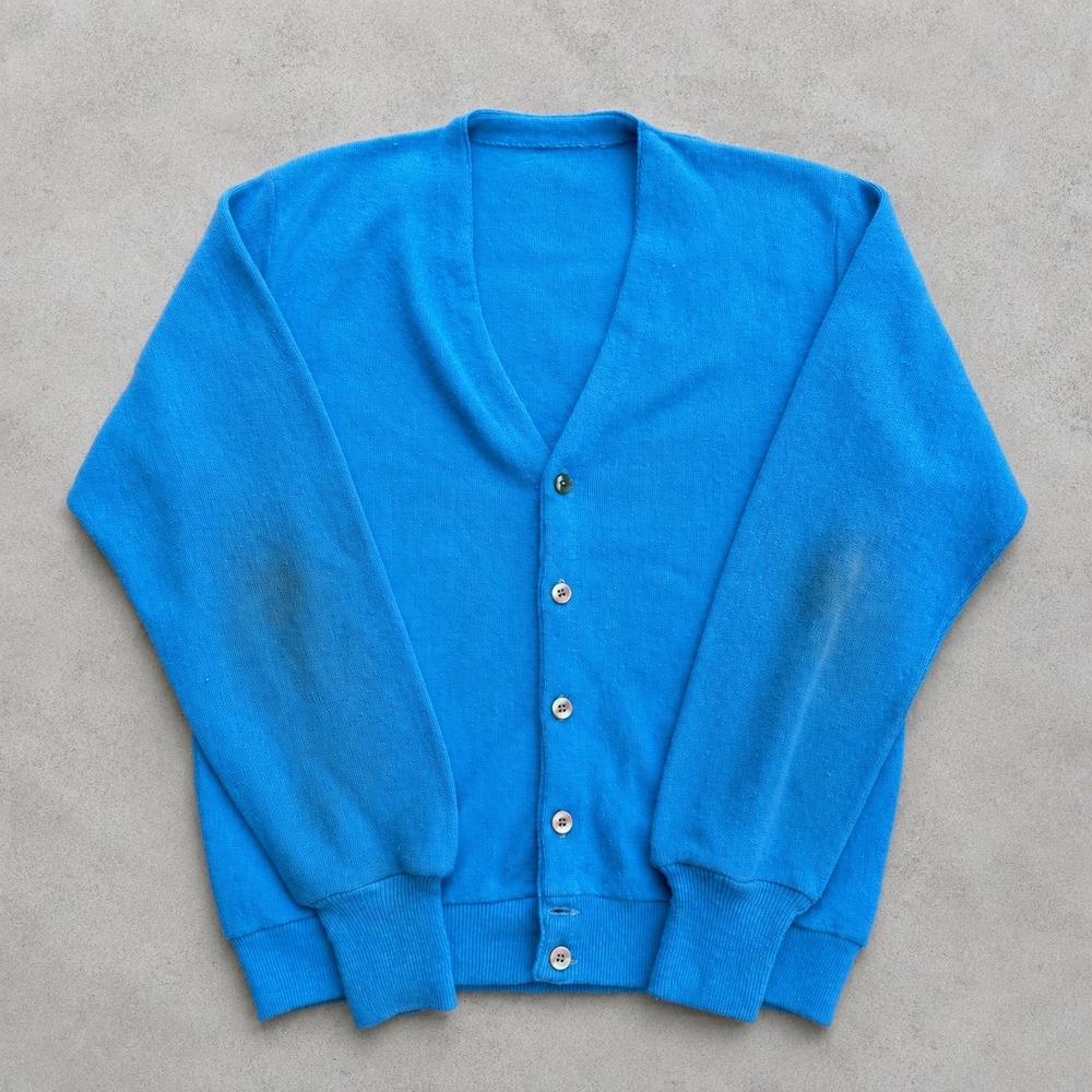 Vintage 70s Mens Bright Blue Knit Cardigan Sweater V-Neck Button  USA made